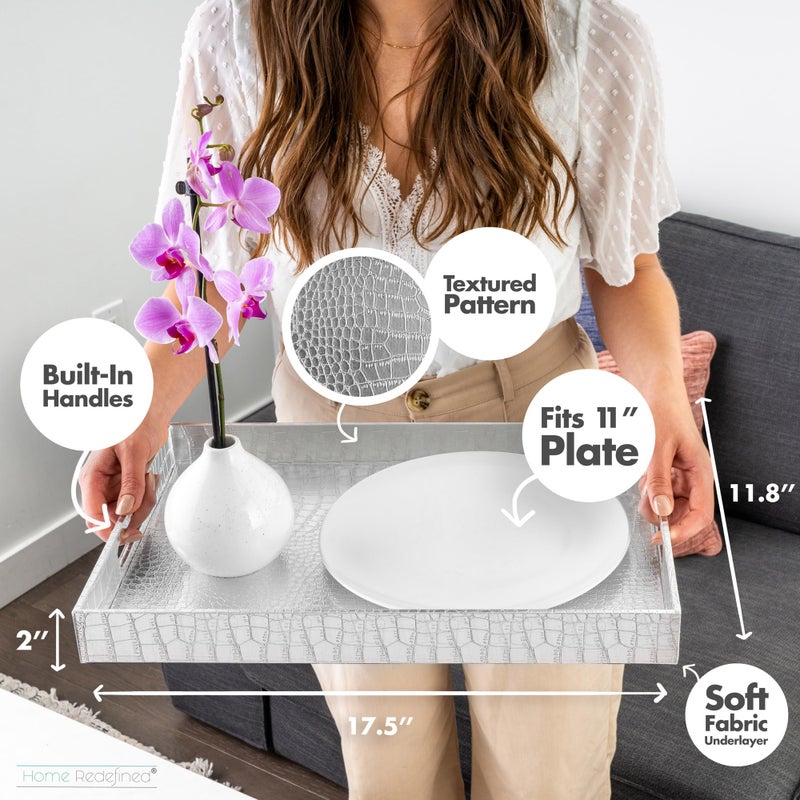 Home Redefined 17.5"x12" Silver Glossy Crocodile Faux Leather Serving Tray Beautiful Modern Elegant Decorative Tray with Handles Ottoman Coffee Table Ottoman Perfume Makeup Display for All Occasion's - Image 3